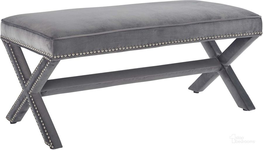 The appearance of Rivet Gray Performance Velvet Bench designed by Modway in the modern / contemporary interior design. This gray piece of furniture  was selected by 1StopBedrooms from Rivet Collection to add a touch of cosiness and style into your home. Sku: EEI-3067-GRY. Material: Wood. Product Type: Bench. Image1