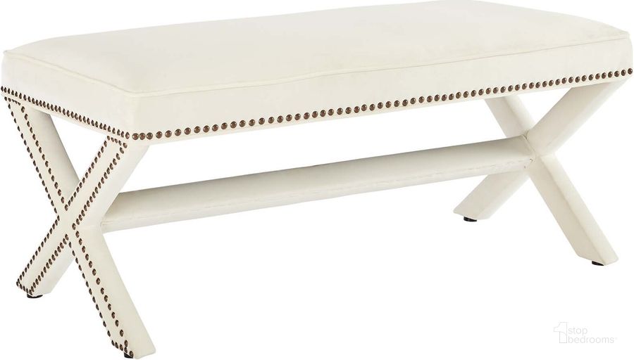 The appearance of Rivet Ivory Performance Velvet Bench designed by Modway in the modern / contemporary interior design. This ivory piece of furniture  was selected by 1StopBedrooms from Rivet Collection to add a touch of cosiness and style into your home. Sku: EEI-3067-IVO. Material: Wood. Product Type: Bench. Image1
