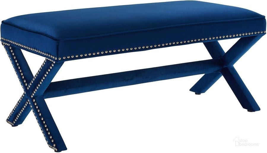 The appearance of Rivet Navy Performance Velvet Bench designed by Modway in the modern / contemporary interior design. This navy piece of furniture  was selected by 1StopBedrooms from Rivet Collection to add a touch of cosiness and style into your home. Sku: EEI-3067-NAV. Material: Wood. Product Type: Bench. Image1