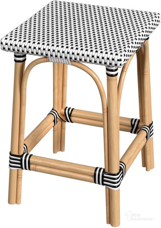 The appearance of Riviera Square 24 Inch H Rattan Counter Stool In Black and White designed by Butler Specialty Company in the coastal interior design. This black and white piece of furniture  was selected by 1StopBedrooms from Riviera Collection to add a touch of cosiness and style into your home. Sku: 5757295. Material: Rattan. Product Type: Barstool. Image1
