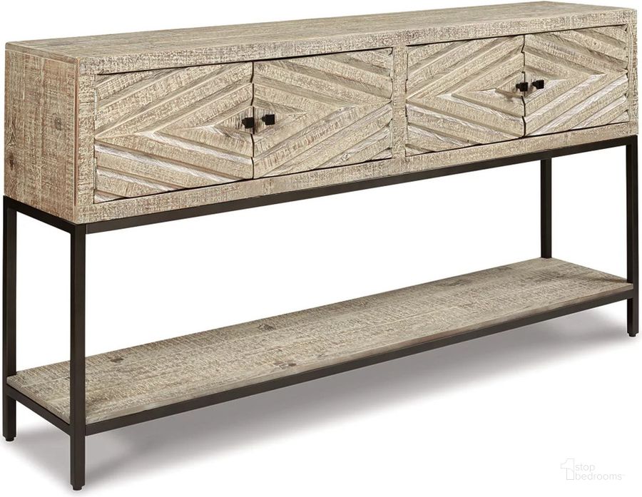 The appearance of Roanley Distressed White Console Table designed by Signature Design by Ashley in the traditional interior design. This distressed white piece of furniture  was selected by 1StopBedrooms from Roanley Collection to add a touch of cosiness and style into your home. Sku: A4000262. Material: Metal. Product Type: Console Table. Image1