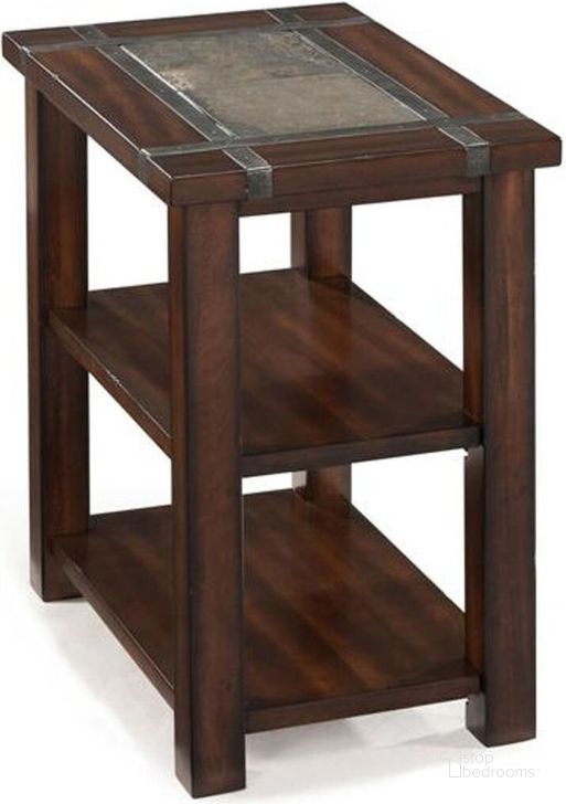 The appearance of Roanoke Rectangular Chairside End Table designed by Magnussen in the transitional interior design. This brown piece of furniture  was selected by 1StopBedrooms from Roanoke Collection to add a touch of cosiness and style into your home. Sku: T2615-10. Product Type: Chairside Table. Material: Stone. Table Top Shape: Rectangular. Image1