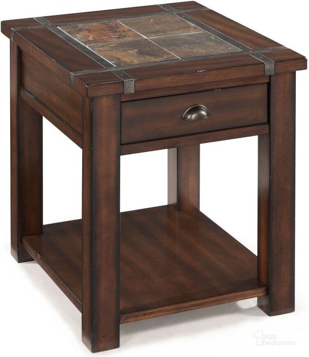 The appearance of Roanoke Rectangular End Table designed by Magnussen in the transitional interior design. This brown piece of furniture  was selected by 1StopBedrooms from Roanoke Collection to add a touch of cosiness and style into your home. Sku: T2615-03. Product Type: End Table. Material: Stone. Table Top Shape: Rectangular. Image1