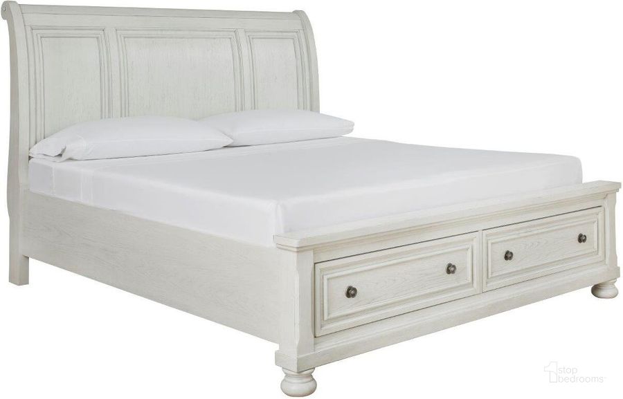 The appearance of Robbinsdale Antique White California King Sleigh Storage Bed designed by Signature Design by Ashley in the transitional interior design. This antique white piece of furniture  was selected by 1StopBedrooms from Robbinsdale Collection to add a touch of cosiness and style into your home. Sku: B742-78;B742-76;B742-95. Bed Type: Storage Bed. Material: Wood. Product Type: Storage Bed. Bed Size: California King. Image1