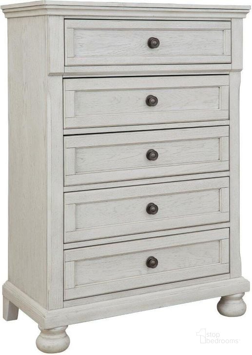 The appearance of Robbinsdale Antique White 5 Drawer Chest of Drawers designed by Signature Design by Ashley in the transitional interior design. This antique white piece of furniture  was selected by 1StopBedrooms from Robbinsdale Collection to add a touch of cosiness and style into your home. Sku: B742-45. Material: Wood. Product Type: Chest. Image1