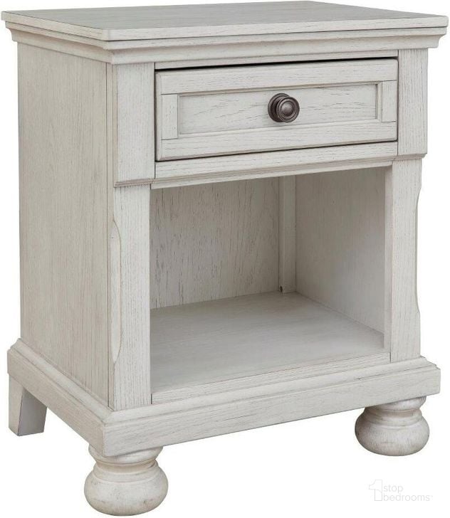 The appearance of Robbinsdale Antique White One Drawer Nightstand designed by Signature Design by Ashley in the transitional interior design. This antique white piece of furniture  was selected by 1StopBedrooms from Robbinsdale Collection to add a touch of cosiness and style into your home. Sku: B742-91. Material: Wood. Product Type: Nightstand. Image1