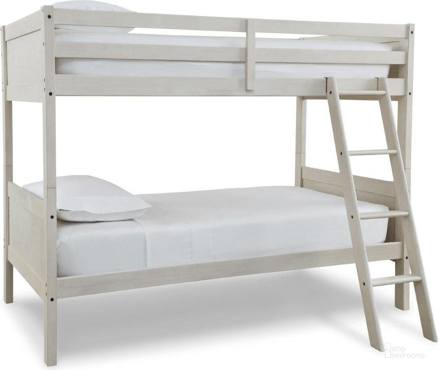 The appearance of Robbinsdale Antique White Twin Over Twin Bunk Bed With Ladder designed by Signature Design by Ashley in the transitional interior design. This antique white piece of furniture  was selected by 1StopBedrooms from Robbinsdale Collection to add a touch of cosiness and style into your home. Sku: B742-59. Bed Type: Bunk Bed. Material: Wood. Product Type: Bunk Bed. Bed Size: Twin Over Twin. Image1