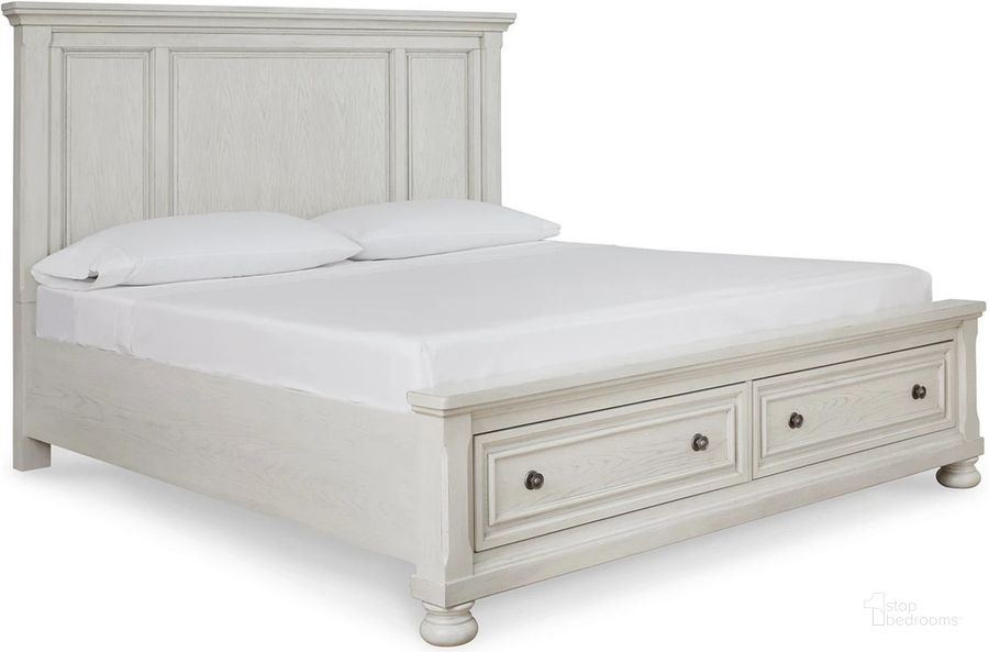 The appearance of Robbinsdale King Panel Storage Bed In Antique White designed by Signature Design by Ashley in the transitional interior design. This antique white piece of furniture  was selected by 1StopBedrooms from Robbinsdale Collection to add a touch of cosiness and style into your home. Sku: B742-58;B742-76;B742-99. Bed Type: Storage Bed. Material: Wood. Product Type: Storage Bed. Bed Size: King. Image1