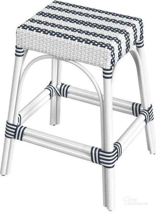 The appearance of Robias 24.5 Inch Rectangular Rattan Counter Stool In Blue And White designed by Butler Specialty Company in the transitional interior design. This blue and white piece of furniture  was selected by 1StopBedrooms from Robias Collection to add a touch of cosiness and style into your home. Sku: 5513035. Material: Rattan. Product Type: Barstool. Image1