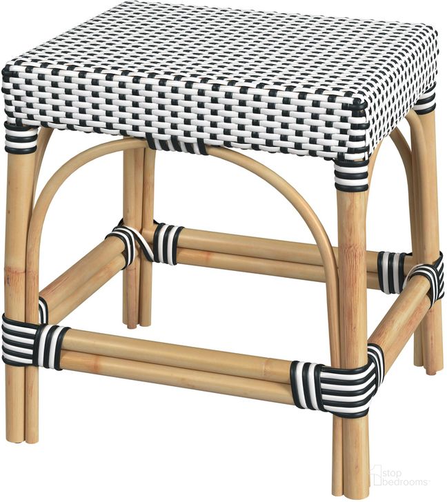 The appearance of Robias Rattan Rectangular 18 Inch Dining Stool In White and Black Dot designed by Butler Specialty Company in the coastal interior design. This white and black piece of furniture  was selected by 1StopBedrooms from Robias Collection to add a touch of cosiness and style into your home. Sku: 5746295. Material: Rattan. Product Type: Dining Bench. Image1