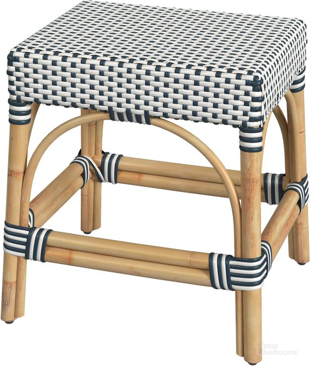 The appearance of Robias Rattan Rectangular 18 Inch Dining Stool In White and Navy Stripe designed by Butler Specialty Company in the coastal interior design. This white and navy piece of furniture  was selected by 1StopBedrooms from Robias Collection to add a touch of cosiness and style into your home. Sku: 5746291. Material: Rattan. Product Type: Dining Bench. Image1