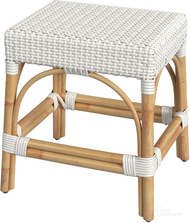 The appearance of Robias Rattan Rectangular 18 Inch Dining Stool In White designed by Butler Specialty Company in the coastal interior design. This white piece of furniture  was selected by 1StopBedrooms from Robias Collection to add a touch of cosiness and style into your home. Sku: 5746304. Material: Rattan. Product Type: Dining Bench. Image1