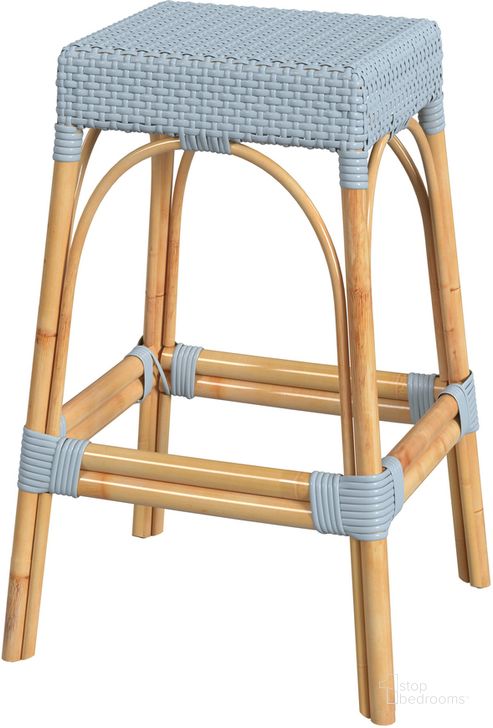 The appearance of Robias Rectangular Rattan 30 Inch Bar Stool In Baby Blue designed by Butler Specialty Company in the coastal interior design. This baby blue piece of furniture  was selected by 1StopBedrooms from Robias Collection to add a touch of cosiness and style into your home. Sku: 5604341. Material: Rattan. Product Type: Barstool. Image1