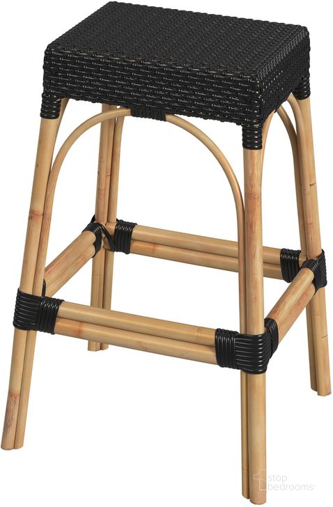 The appearance of Robias Rectangular Rattan 30 Inch Bar Stool In Black designed by Butler Specialty Company in the transitional interior design. This black piece of furniture  was selected by 1StopBedrooms from Robias Collection to add a touch of cosiness and style into your home. Sku: 5604425. Material: Rattan. Product Type: Barstool. Image1