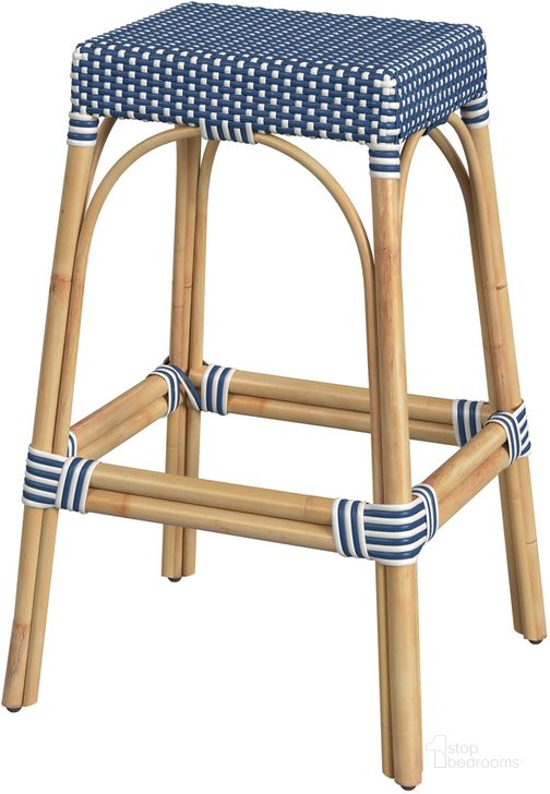 The appearance of Robias Rectangular Rattan 30 Inch Bar Stool In Blue and White Dot designed by Butler Specialty Company in the coastal interior design. This blue and white piece of furniture  was selected by 1StopBedrooms from Robias Collection to add a touch of cosiness and style into your home. Sku: 5604303. Material: Rattan. Product Type: Barstool. Image1