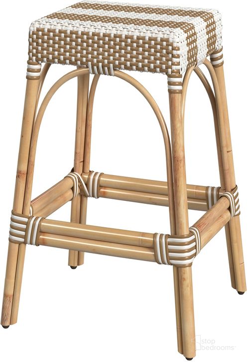 The appearance of Robias Rectangular Rattan 30 Inch Bar Stool In Tan and White Stripe designed by Butler Specialty Company in the coastal interior design. This tan/brown piece of furniture  was selected by 1StopBedrooms from Robias Collection to add a touch of cosiness and style into your home. Sku: 5604984. Material: Rattan. Product Type: Barstool. Image1
