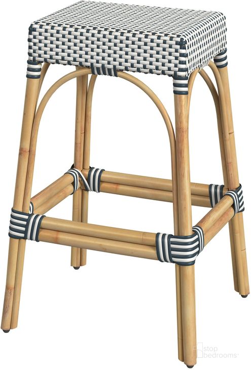 The appearance of Robias Rectangular Rattan 30 Inch Bar Stool In White and Navy Stripe designed by Butler Specialty Company in the coastal interior design. This white and navy piece of furniture  was selected by 1StopBedrooms from Robias Collection to add a touch of cosiness and style into your home. Sku: 5604291. Material: Rattan. Product Type: Barstool. Image1