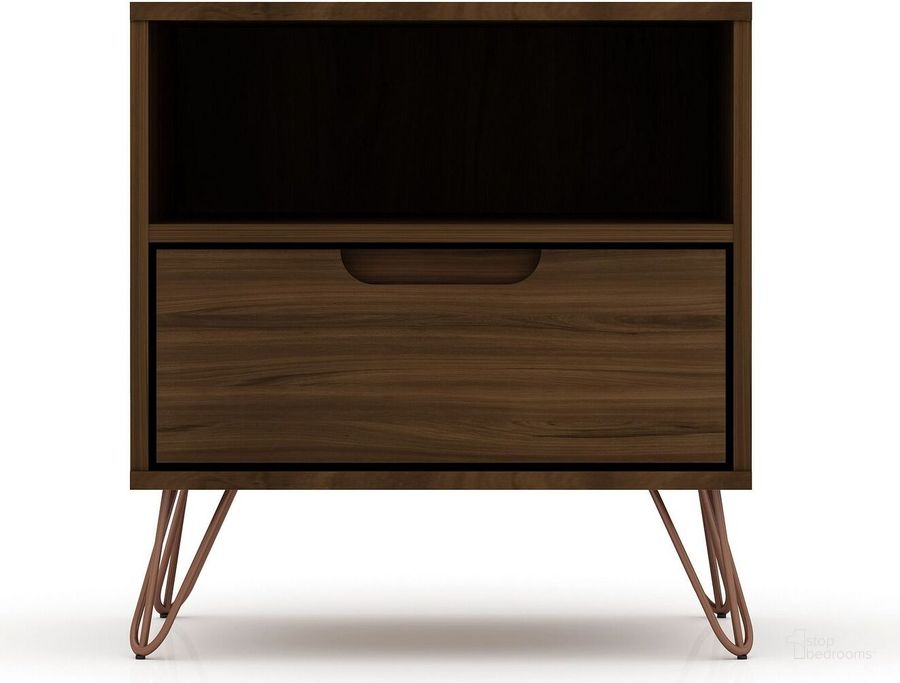 The appearance of Rockefeller 1.0 Mid-Century - Modern Nightstand With 1-Drawer In Brown designed by Manhattan Comfort in the transitional interior design. This brown piece of furniture  was selected by 1StopBedrooms from Rockefeller Collection to add a touch of cosiness and style into your home. Sku: 101GMC5. Product Type: Nightstand. Material: MDF. Image1