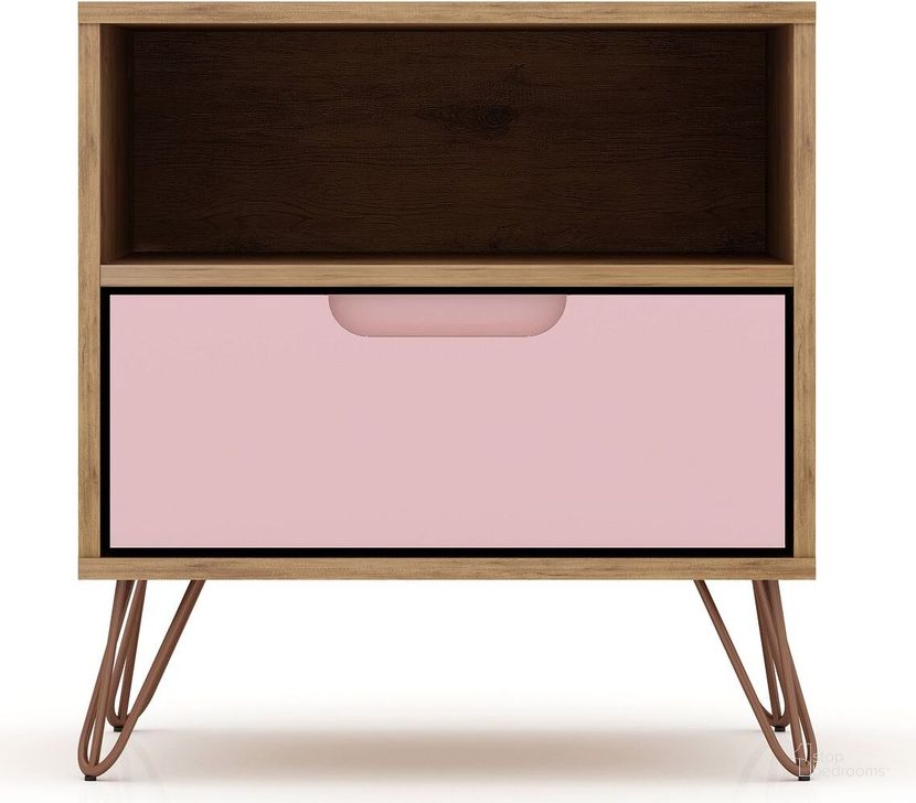 The appearance of Rockefeller 1.0 Mid-Century - Modern Nightstand With 1-Drawer In Nature And Rose Pink designed by Manhattan Comfort in the transitional interior design. This pink piece of furniture  was selected by 1StopBedrooms from Rockefeller Collection to add a touch of cosiness and style into your home. Sku: 101GMC6. Product Type: Nightstand. Material: MDF. Image1