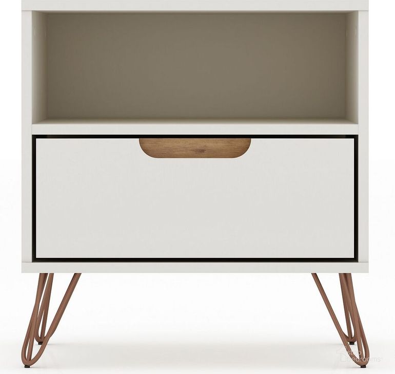 The appearance of Rockefeller 1.0 Mid-Century - Modern Nightstand With 1-Drawer In Off White And Nature designed by Manhattan Comfort in the transitional interior design. This off white and nature piece of furniture  was selected by 1StopBedrooms from Rockefeller Collection to add a touch of cosiness and style into your home. Sku: 101GMC3. Product Type: Nightstand. Material: MDF. Image1