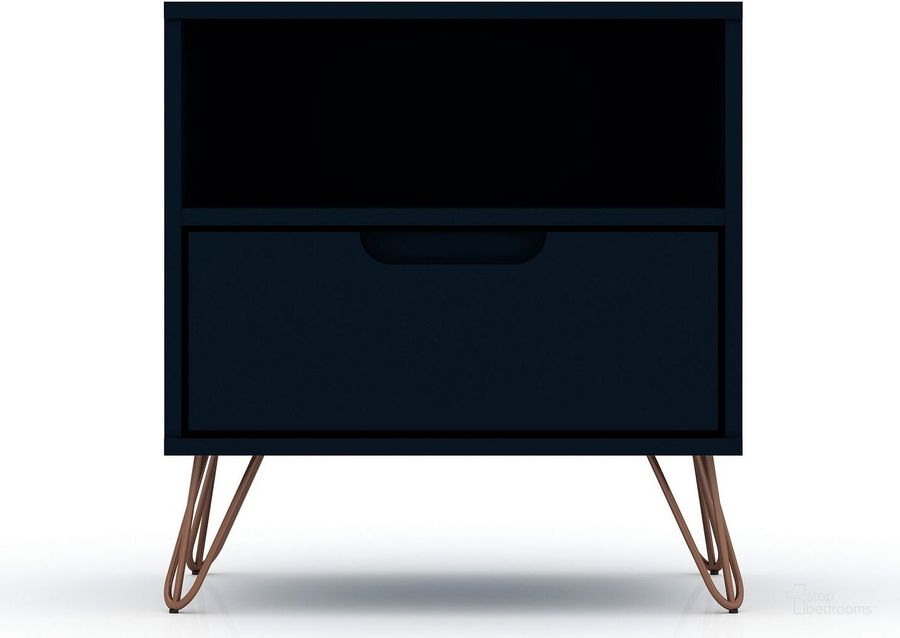 The appearance of Rockefeller 1.0 Mid-Century - Modern Nightstand With 1-Drawer In Tatiana Midnight Blue designed by Manhattan Comfort in the transitional interior design. This blue piece of furniture  was selected by 1StopBedrooms from Rockefeller Collection to add a touch of cosiness and style into your home. Sku: 101GMC4. Product Type: Nightstand. Material: MDF. Image1
