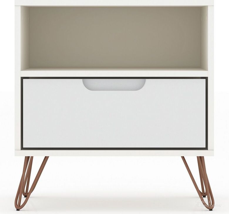 The appearance of Rockefeller 1.0 Mid-Century - Modern Nightstand With 1-Drawer In White designed by Manhattan Comfort in the transitional interior design. This white piece of furniture  was selected by 1StopBedrooms from Rockefeller Collection to add a touch of cosiness and style into your home. Sku: 101GMC1. Product Type: Nightstand. Material: MDF. Image1