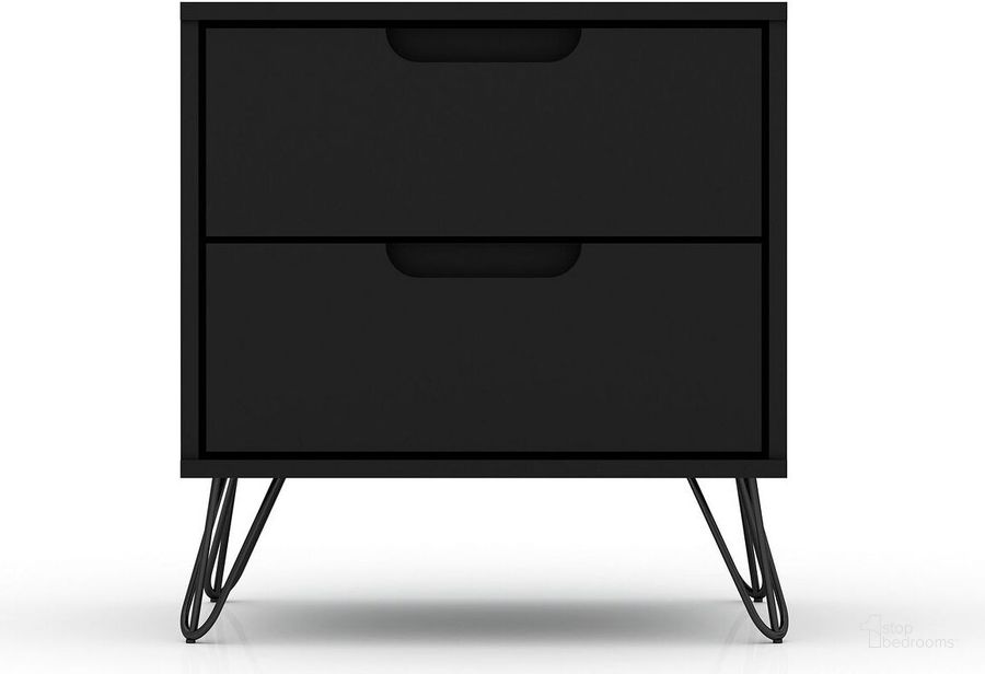 The appearance of Rockefeller 2.0 Mid-Century - Modern Nightstand With 2-Drawer In Black designed by Manhattan Comfort in the transitional interior design. This black piece of furniture  was selected by 1StopBedrooms from Rockefeller Collection to add a touch of cosiness and style into your home. Sku: 102GMC2. Product Type: Nightstand. Material: MDF. Image1