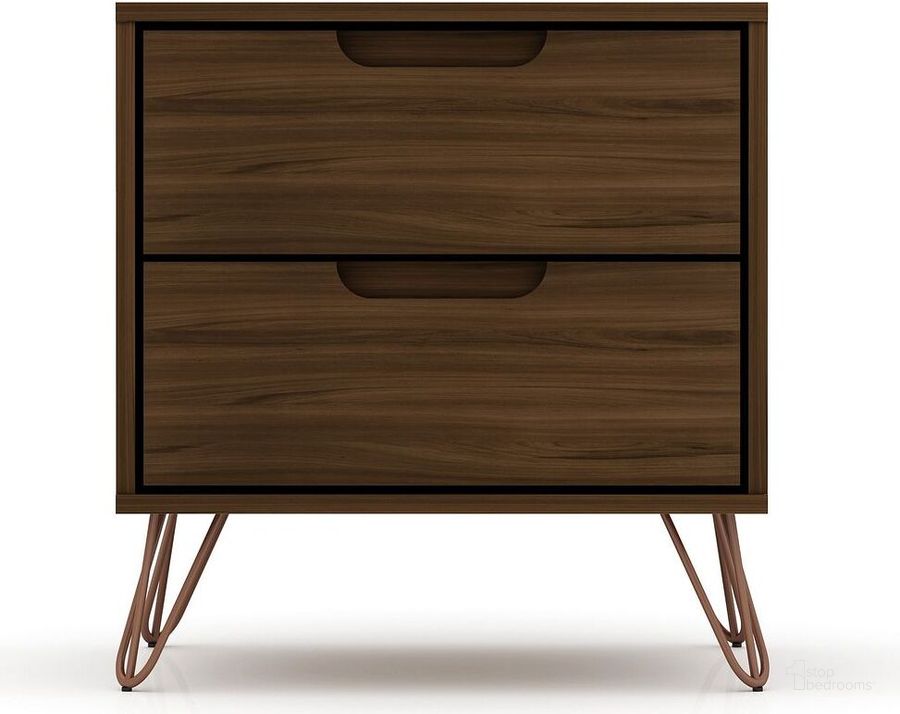 The appearance of Rockefeller 2.0 Mid-Century - Modern Nightstand With 2-Drawer In Brown designed by Manhattan Comfort in the transitional interior design. This brown piece of furniture  was selected by 1StopBedrooms from Rockefeller Collection to add a touch of cosiness and style into your home. Sku: 102GMC5. Product Type: Nightstand. Material: MDF. Image1