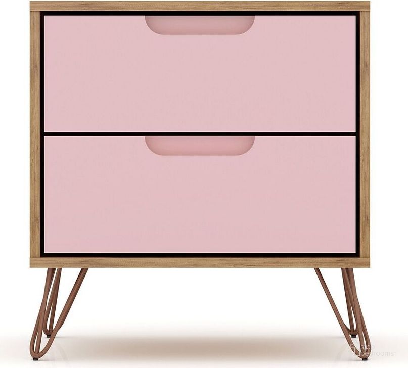The appearance of Rockefeller 2.0 Mid-Century - Modern Nightstand With 2-Drawer In Nature And Rose Pink designed by Manhattan Comfort in the transitional interior design. This pink piece of furniture  was selected by 1StopBedrooms from Rockefeller Collection to add a touch of cosiness and style into your home. Sku: 102GMC6. Product Type: Nightstand. Material: MDF. Image1