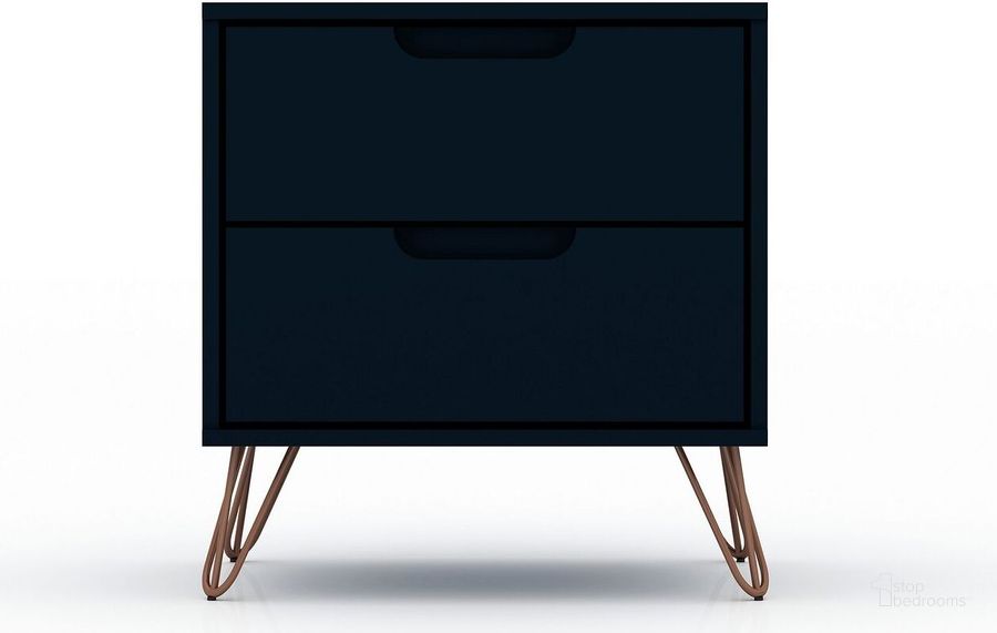 The appearance of Rockefeller 2.0 Mid-Century - Modern Nightstand With 2-Drawer In Tatiana Midnight Blue designed by Manhattan Comfort in the transitional interior design. This blue piece of furniture  was selected by 1StopBedrooms from Rockefeller Collection to add a touch of cosiness and style into your home. Sku: 102GMC4. Product Type: Nightstand. Material: MDF. Image1