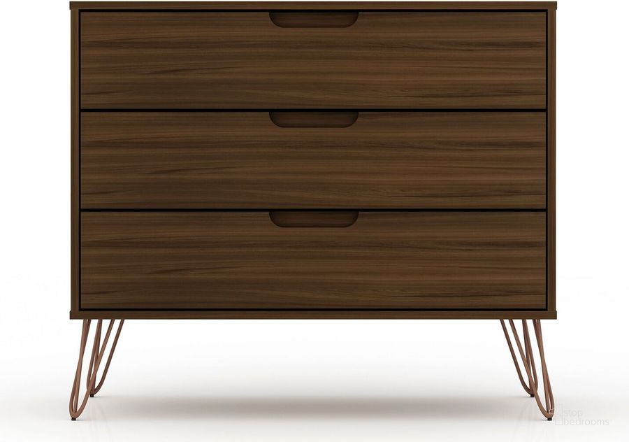The appearance of Rockefeller Mid-Century - Modern Dresser With 3 - Drawers In Brown designed by Manhattan Comfort in the transitional interior design. This brown piece of furniture  was selected by 1StopBedrooms from Rockefeller Collection to add a touch of cosiness and style into your home. Sku: 103GMC5. Product Type: Dresser. Material: MDF. Image1