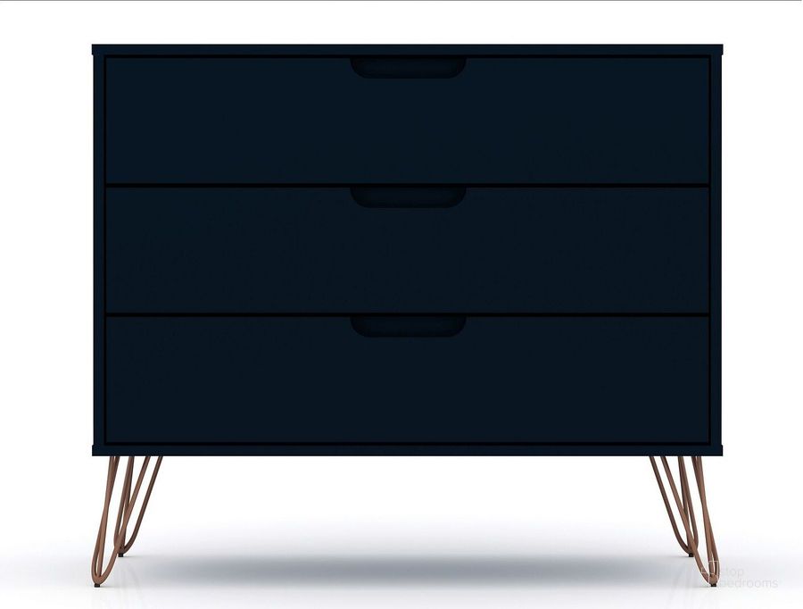 The appearance of Rockefeller Mid-Century - Modern Dresser With 3 - Drawers In Tatiana Midnight Blue designed by Manhattan Comfort in the transitional interior design. This blue piece of furniture  was selected by 1StopBedrooms from Rockefeller Collection to add a touch of cosiness and style into your home. Sku: 103GMC4. Product Type: Dresser. Material: MDF. Image1