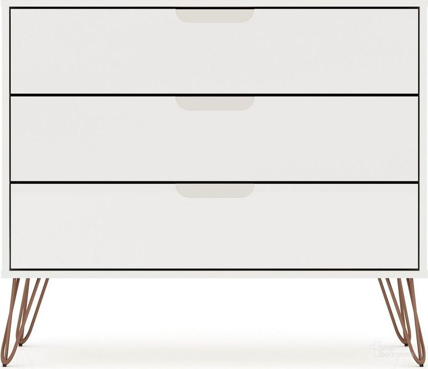 The appearance of Rockefeller Mid-Century - Modern Dresser With 3 - Drawers In White designed by Manhattan Comfort in the transitional interior design. This white piece of furniture  was selected by 1StopBedrooms from Rockefeller Collection to add a touch of cosiness and style into your home. Sku: 103GMC1. Product Type: Dresser. Material: MDF. Image1
