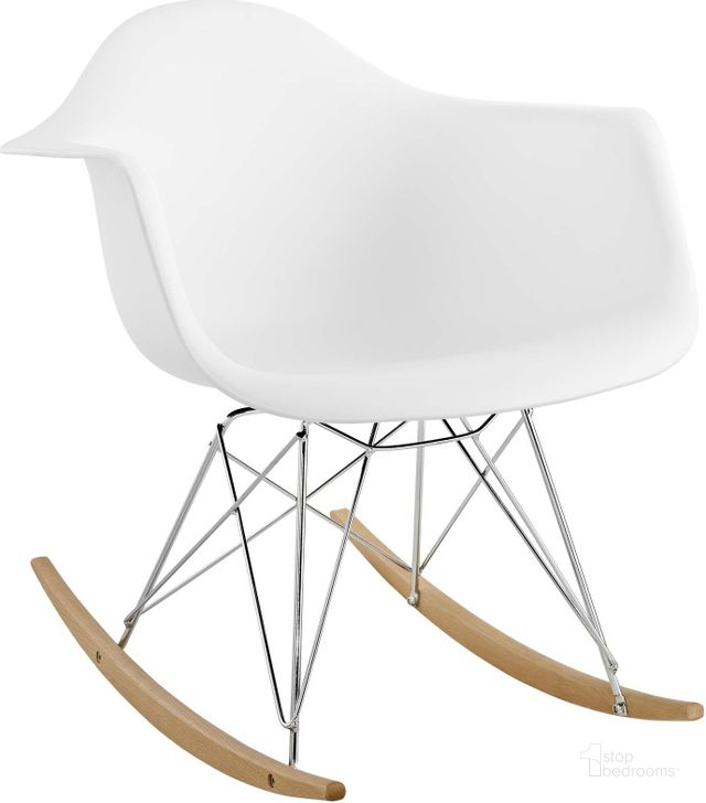 The appearance of Rocker White Plastic Lounge Chair designed by Modway in the modern / contemporary interior design. This white piece of furniture  was selected by 1StopBedrooms from Rocker Collection to add a touch of cosiness and style into your home. Sku: EEI-147-WHI. Product Type: Living Room Chair. Material: Chrome. Image1