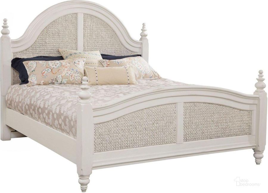 The appearance of Rodanthe Dove White King Woven Poster Bed designed by American Woodcrafters in the transitional interior design. This white piece of furniture  was selected by 1StopBedrooms from Rodanthe Collection to add a touch of cosiness and style into your home. Sku: 3910-991;3910-994;3910-880. Bed Type: Poster Bed. Product Type: Poster Bed. Bed Size: King. Image1