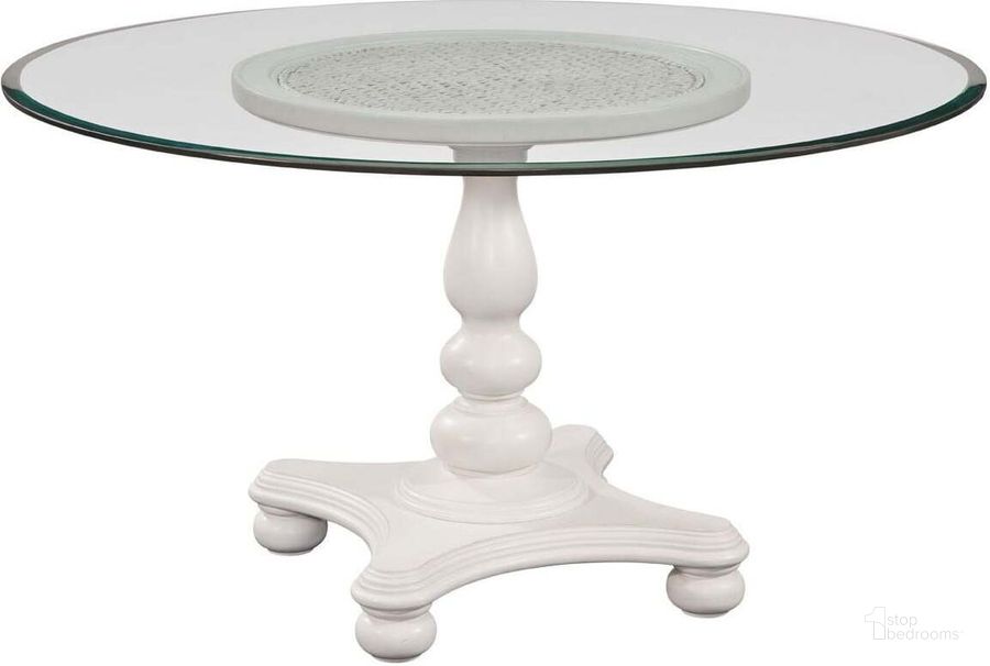 The appearance of Rodanthe Dove White Pedestal Glass Top 54 Inch Dining Table designed by American Woodcrafters in the transitional interior design. This white piece of furniture  was selected by 1StopBedrooms from Rodanthe Collection to add a touch of cosiness and style into your home. Sku: D-3910-561T;D-3910-561B. Table Base Style: Pedestal. Table Top Shape: Round. Product Type: Dining Table. Size: 54". Image1