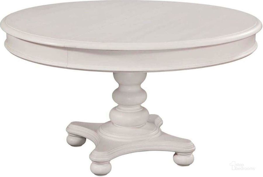 The appearance of Rodanthe Dove White Pedestal Oval Extendable Dining Table designed by American Woodcrafters in the transitional interior design. This white piece of furniture  was selected by 1StopBedrooms from Rodanthe Collection to add a touch of cosiness and style into your home. Sku: D-3910-551T;D-3910-551B. Table Base Style: Pedestal. Table Top Shape: Oval. Product Type: Dining Table. Image1