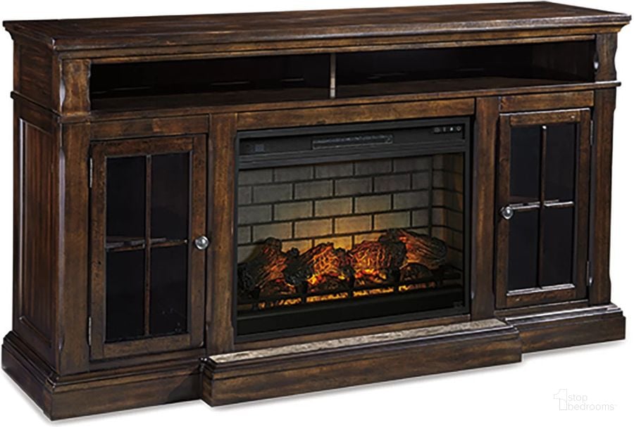The appearance of Roddinton Dark Brown 72 Inch TV Stand With Electric Fireplace designed by Signature Design by Ashley in the transitional interior design. This dark brown piece of furniture  was selected by 1StopBedrooms from Roddinton Collection to add a touch of cosiness and style into your home. Sku: W701-88;W100-121. Material: Glass. Product Type: TV Stands and TV Console. Image1