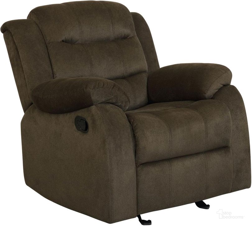 The appearance of Rodman Chocolate Glider Recliner designed by Coaster in the transitional interior design. This brown piece of furniture  was selected by 1StopBedrooms from Rodman Collection to add a touch of cosiness and style into your home. Sku: 601883. Product Type: Recliner. Material: Velvet. Image1