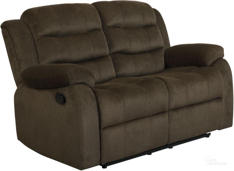 The appearance of Rodman Chocolate Reclining Loveseat designed by Coaster in the transitional interior design. This brown piece of furniture  was selected by 1StopBedrooms from Rodman Collection to add a touch of cosiness and style into your home. Sku: 601882. Product Type: Reclining Loveseat. Material: Velvet. Image1