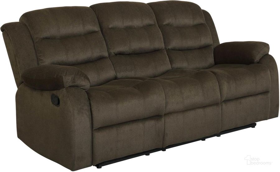 The appearance of Rodman Chocolate Reclining Sofa designed by Coaster in the transitional interior design. This brown piece of furniture  was selected by 1StopBedrooms from Rodman Collection to add a touch of cosiness and style into your home. Sku: 601881. Product Type: Reclining Sofa. Material: Velvet. Image1