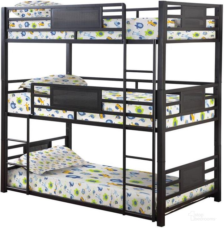 The appearance of Rogen Gunmetal Twin Triple Bunk Bed designed by Coaster in the modern / contemporary interior design. This gray piece of furniture  was selected by 1StopBedrooms from Rogen Collection to add a touch of cosiness and style into your home. Sku: 460394TB1;460394TB2. Bed Type: Bunk Bed. Material: Wood. Product Type: Bunk Bed. Bed Size: Twin Over Twin. Image1