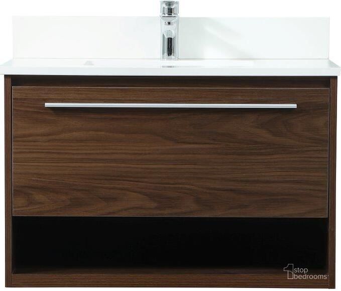 The appearance of Roman 30 Inch Single Bathroom Vanity In Walnut With Backsplash designed by Elegant Lighting in the transitional interior design. This walnut piece of furniture  was selected by 1StopBedrooms from Roman Collection to add a touch of cosiness and style into your home. Sku: VF43530MWT-BS. Material: MDF. Product Type: Bathroom Vanity. Image1