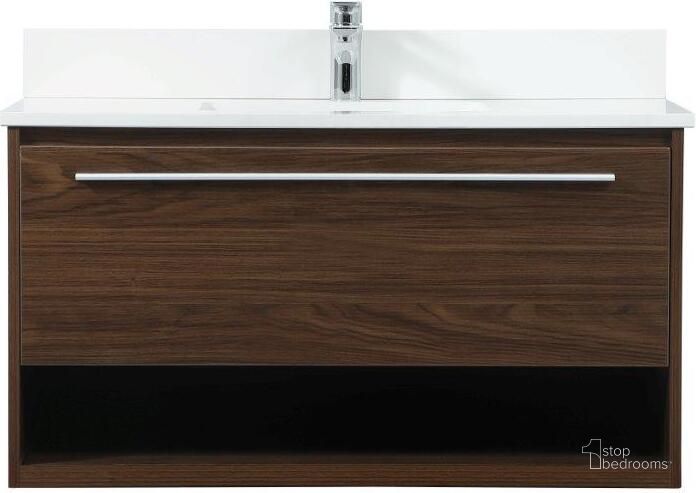 The appearance of Roman 36 Inch Single Bathroom Vanity In Walnut With Backsplash designed by Elegant Lighting in the transitional interior design. This walnut piece of furniture  was selected by 1StopBedrooms from Roman Collection to add a touch of cosiness and style into your home. Sku: VF43536MWT-BS. Material: MDF. Product Type: Bathroom Vanity. Image1