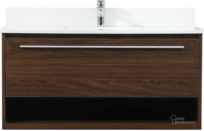 The appearance of Roman 40 Inch Single Bathroom Vanity In Walnut With Backsplash designed by Elegant Lighting in the transitional interior design. This walnut piece of furniture  was selected by 1StopBedrooms from Roman Collection to add a touch of cosiness and style into your home. Sku: VF43540MWT-BS. Material: MDF. Product Type: Bathroom Vanity. Image1