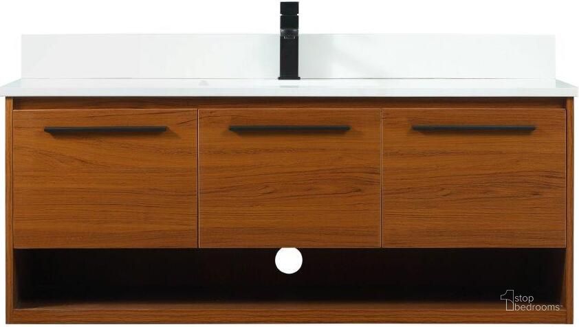 The appearance of Roman 48 Inch Single Bathroom Vanity In Teak With Backsplash designed by Elegant Lighting in the transitional interior design. This teak piece of furniture  was selected by 1StopBedrooms from Roman Collection to add a touch of cosiness and style into your home. Sku: VF43548MTK-BS. Material: MDF. Product Type: Bathroom Vanity. Image1