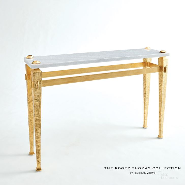 The appearance of Roman Console In Gold designed by Global Views in the modern / contemporary interior design. This gold piece of furniture  was selected by 1StopBedrooms from Roman Collection to add a touch of cosiness and style into your home. Sku: RT9.90013. Product Type: Console. Material: Iron. Image1