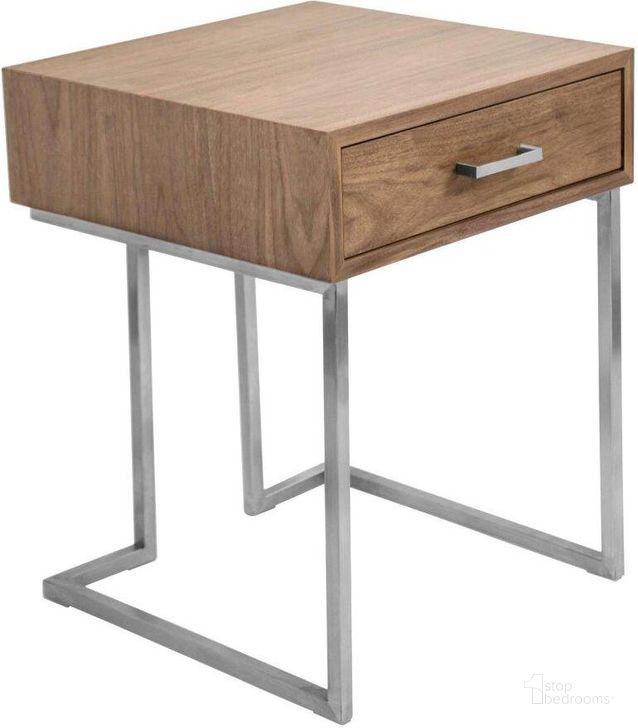 The appearance of Roman Contemporary End Table In Walnut Wood And Stainless Steel designed by Lumisource in the modern / contemporary interior design. This walnut piece of furniture  was selected by 1StopBedrooms from Roman Collection to add a touch of cosiness and style into your home. Sku: TBE-RMN WL+SS. Material: Wood. Product Type: End Table. Image1