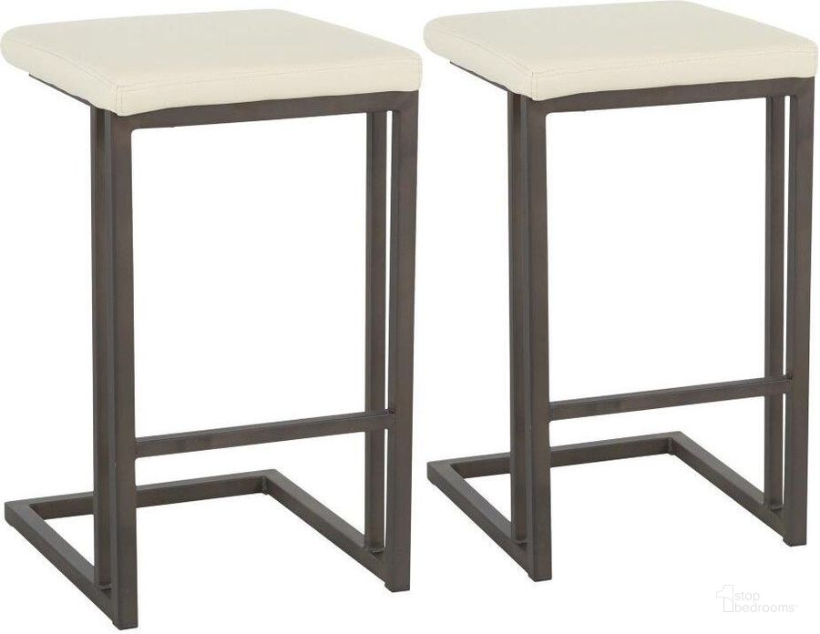 The appearance of Roman Industrial Counter Stool In Antique Metal And Cream Faux Leather - Set Of 2 designed by Lumisource in the industrial interior design. This antique metal piece of furniture  was selected by 1StopBedrooms from Roman Collection to add a touch of cosiness and style into your home. Sku: CS-RMN ANCR2. Product Type: Barstool. Material: PU. Image1