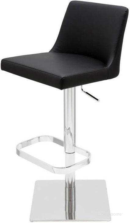 The appearance of Rome Black Naugahyde Adjustable Stool designed by Nuevo in the modern / contemporary interior design. This black piece of furniture  was selected by 1StopBedrooms from Rome Collection to add a touch of cosiness and style into your home. Sku: HGAR192. Product Type: Barstool. Material: Naugahyde. Image1